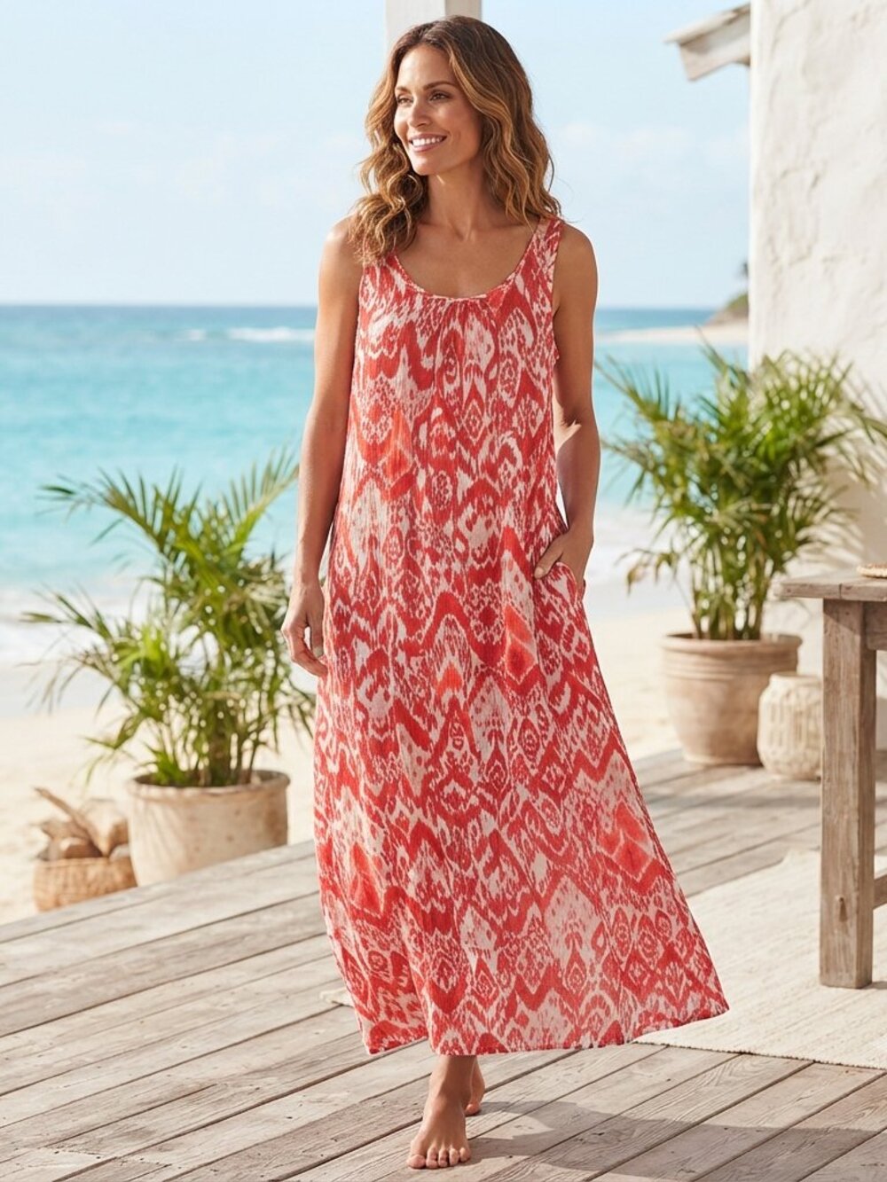 Chico's Red & White Ikat Gauze Maxi Dress Size 2 (US L/12)